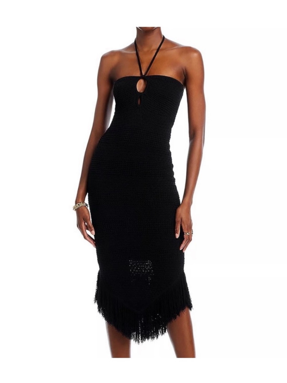 Aqua Black Crochet Halter Midi Dress with Fringe